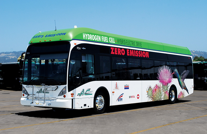 AC Transit fuel cell electric bus. The bus wrap includes the words Hydrogen Fuel Cell, Hybrid Electric Drive, and Zero Emission.
