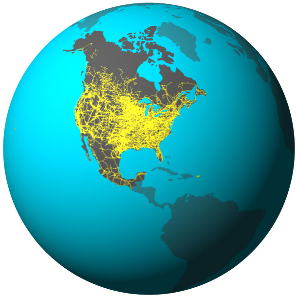 Globe illustration highlights Canada, the United States, and Mexico with a conceptual linked power grid connecting the three countries.