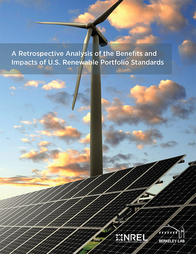 Image of a report cover for the Retrospective Analysis of the Benefits and Impacts of U.S. Renewable Portfolio Standards.