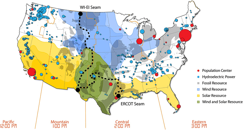 Map of the continental United States that reflects major power system regions and the strong solar resource across the South and Southwest and strong wind resources primarily in Texas and the Great Plains states.