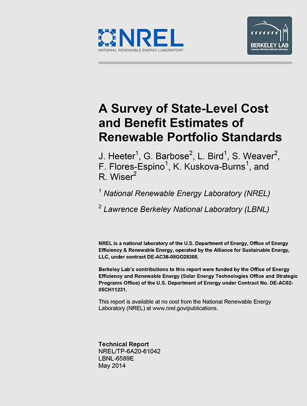 Image of a report cover for A Survey of State-Level Cost and Benefit Estimates of Renewable Portfolio Standards.