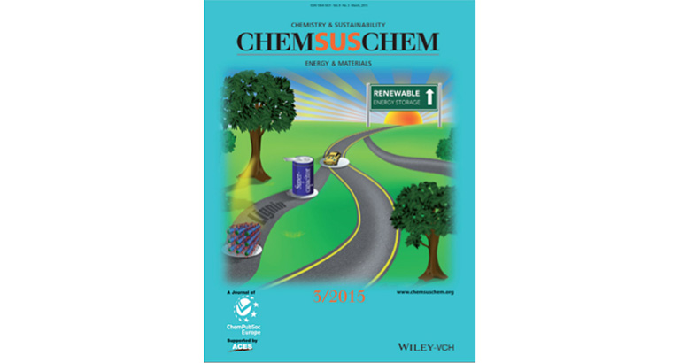 Image of the cover of the March 2015 issue of the Chemistry and Sustainability journal, showing an illustration of a car driving down a country road into the sunset that leads to Renewable Energy Storage.