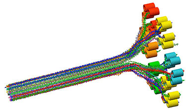Illustration showing multi-colored strands going parallel to each other from right to left, where the branch off and connect into multi-colored short tubes of red, yellow, orange, turquoise, and green.