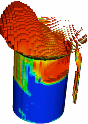 Illustration of a reactor simulation of a bubbling catalyst reactor: a three-dimensional cylinder displaying infrared temperatures in blue, green, yellow, orange, and red, with red and orange block-like structures forming a circle and coming out of the top of the cylinder.
