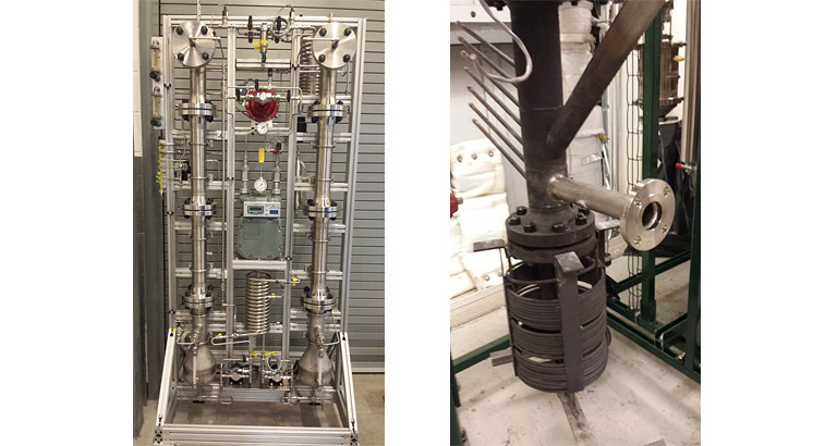 Side-by-side photos of the NREL Research Gasifier. On the left is a full view showing a metal stand with a series of metal pipes, tubes, and coils. On the right is a close-up of the gasifier showing a base of black metal coils with a vertical metal pipe inside and sticking out the top with a shiny metal pipe and other pipes and tubes going out from the vertical pipe.