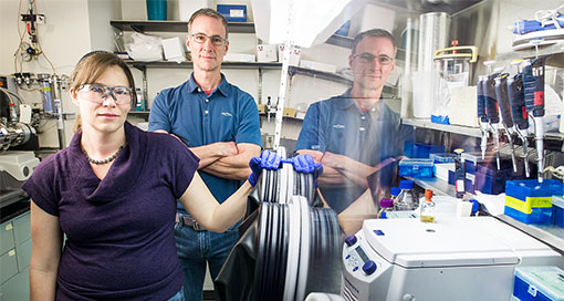 Two NREL researchers next to an anaerobic glove box used to keep sensitive samples in an air free environment.