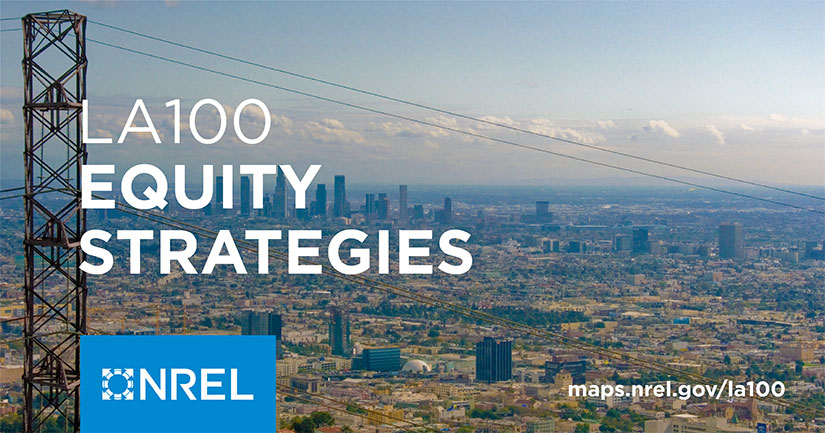 Transmission pole stands above aerial view of polluted city with text overlayed that reads LA100 Equity Strategies