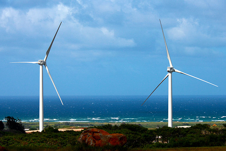 Two wind turbines next to the beach in Hawaii.