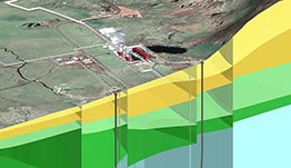 3-D visualization of a geothermal powerplant and the subsurface geology.