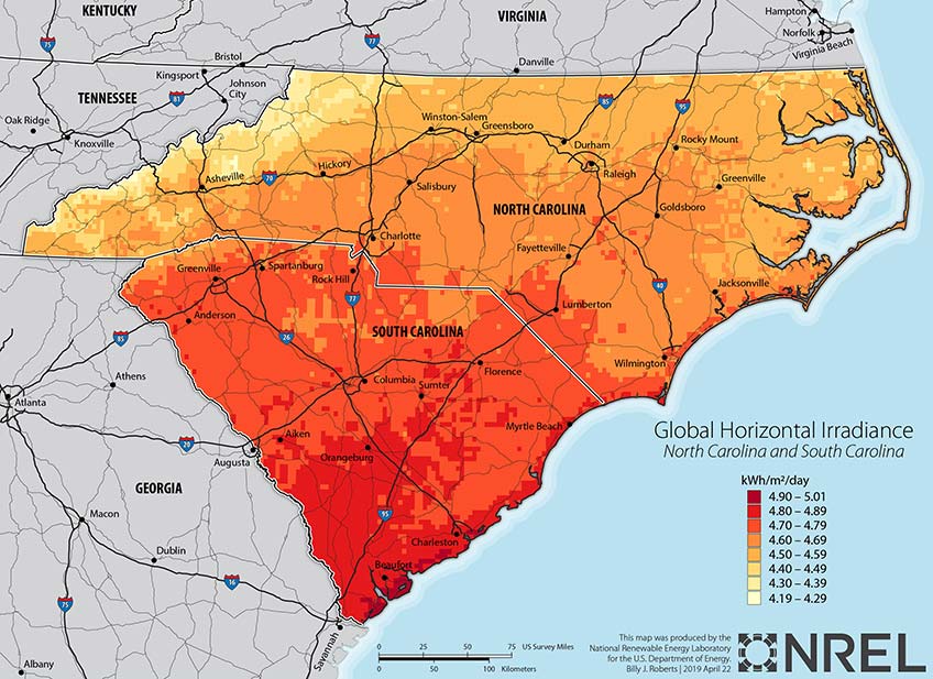 Solar resource map of North Carolina and South Carolina, showing strong resource that improves to the south.