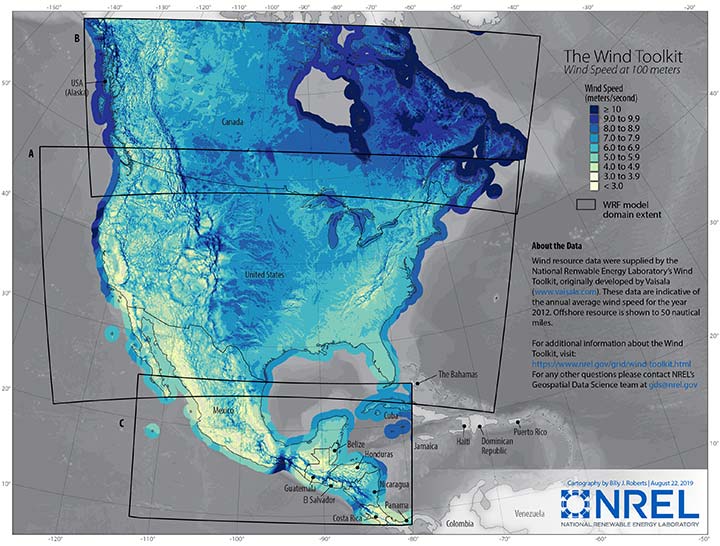 Map of North America wind resource with processed weather modeling data domains.
