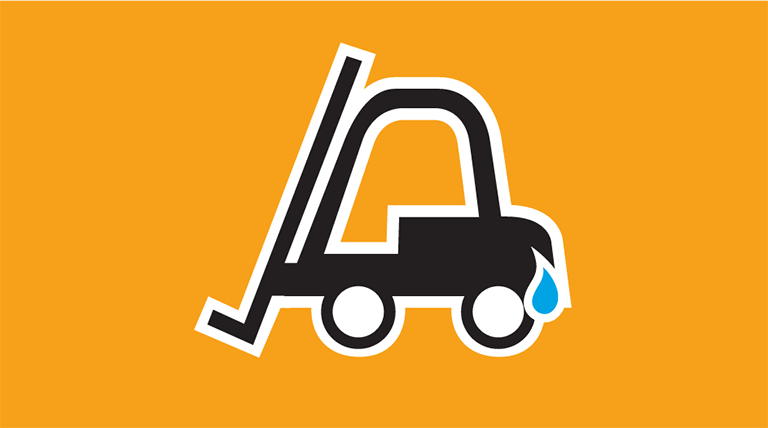Icon of a forklift with a water droplet by the fuel tank. The word Forklifts is below the icon.
