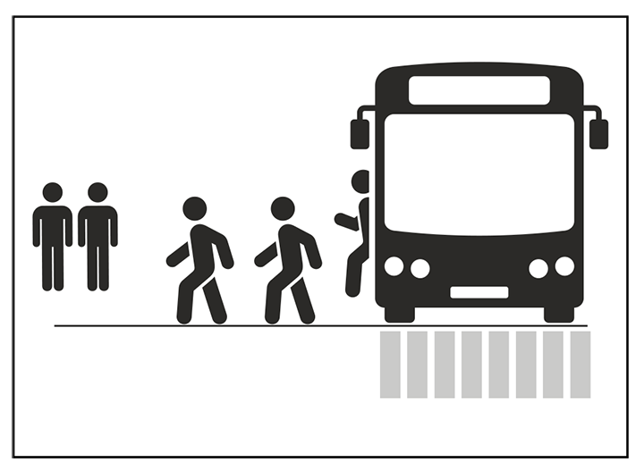 A drawing of people exiting a bus with people waiting at a distance