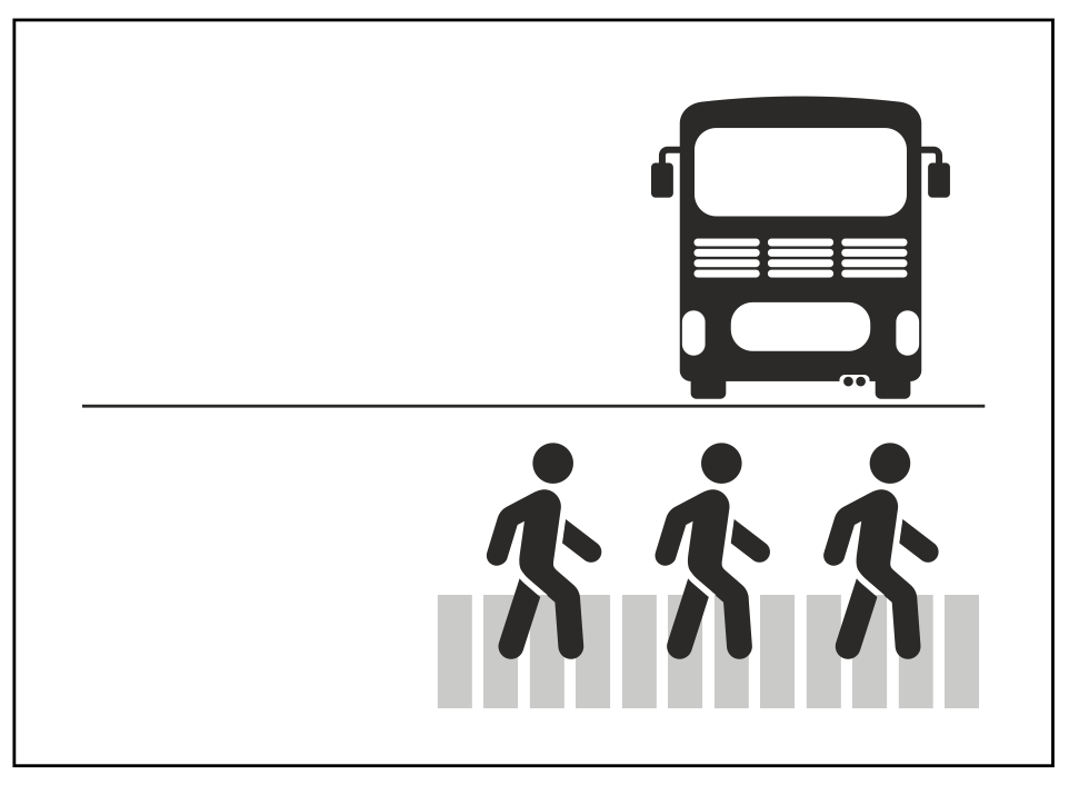 A drawing of people walking in front of a bus that has left.