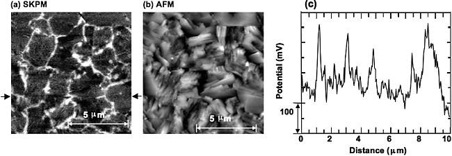 Left: Scanning kelvin probe microscopy image showing high-contrast areas of light and dark that look like platelets and represent measured electrical potential in a sample copper indium gallium selenide thin-film device. Center: Atomic force microscopy image showing more distinct and jagged light and gray areas at high resolution that represent the measured electrical potential in the sample copper indium gallium selenide thin-film device shown in the image at left. Right: Graph showing jagged line profile of the sample copper indium gallium selenide thin-film device shown at far left in scanning kelvin probe microscopy image.