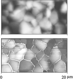 Top: High-resolution image of a sample semiconductor device; the image shows white puff-like clusters on a dark background and was obtained using atomic force microscopy. Bottom: High-resolution image of the same semiconductor device sample as above, but obtained using conductive atomic force microscopy, in which a voltage is applied between a conductive tip and the sample surface to measure electric current; the image shows distinct gray areas of large grain clusters outlined in white.