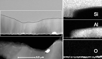 Five microphotos taken with a scanning transmission electron microscopy in energy dispersive X-ray spectroscopy mode show the surfaces of chemicals on the back contact in a Si solar cell.