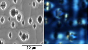 Cathodoluminescence involves photon emissions stimulated by a scanning electron microscope, which uses electrons to form high-resolution images like this black and white image on the left of faceted pits in a sample semiconductor made of gallium arsenide and phosphorus on silicon; the image shows dark gray diamond shapes scattered on a lighter gray background. The image on the right is a color image of cathodoluminescence emission of a sample from a layer made of gallium arsenide and phosphorus on silicon; light blue areas, corresponding to dark gray areas in the image at left, are on a dark blue background.