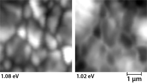 Left image: Gray, black, and white image showing microscopic clusters of transition areas identified on the emission spectrum of a copper indium gallium diselenide thin film sample. Right image: Microscopic black and white clusters, less distinct than in the image at left, of transitions identified on the emission spectrum of a copper indium gallium diselenide thin film sample.