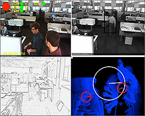 This image is divided into quarters, one showing occupancy data in an office space; another  identifying a black-and-white image of a person walking down a hall; another showing an image for illuminance estimation; and another showing output from the motion detector on a black background.