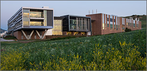 This photo shows a modern laboratory building with sunlight reflecting off windows. In the foreground are prairie grasses.