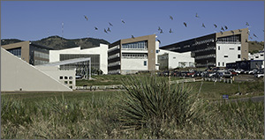 In this photo, dozens of birds fly above a four-story building that has three wings jutting into the foreground. In the background are the mesas that form a backdrop to NREL's main campus.