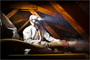 Photo of a man in a suit blowing insulation into an attic. 