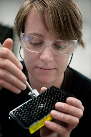 Photo of a woman using a light tool to test algae samples.