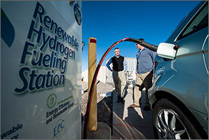 In this photo, the hose of a hydrogen refueling device forms an arc above two men. In the foreground to the right is the side of a car, with the device plugged into what looks like a standard gasoline fuel tank. To the left in the foreground is a large sign that says 