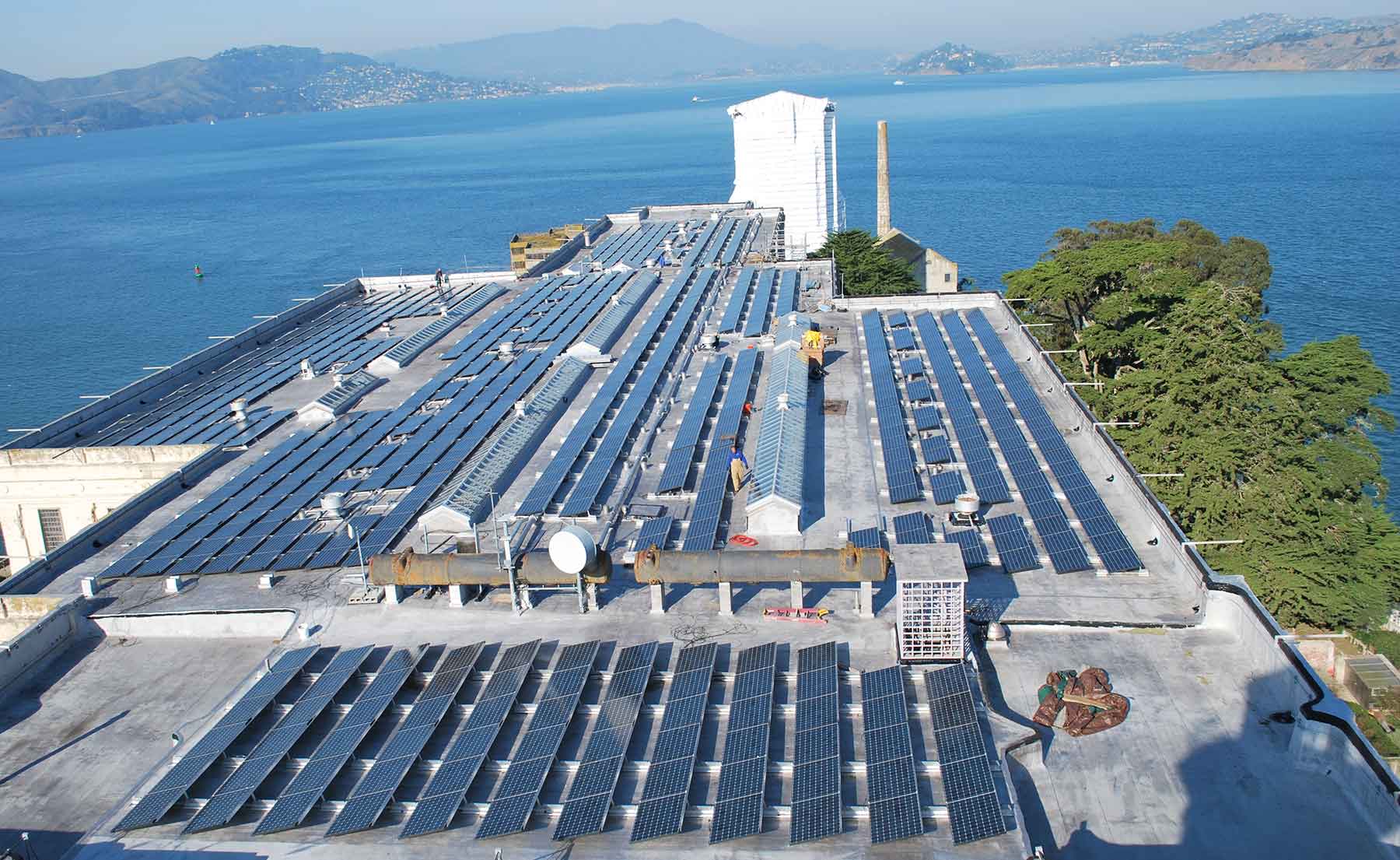 Photo of solar panels on the roof of Alcatraz's cellhouse building