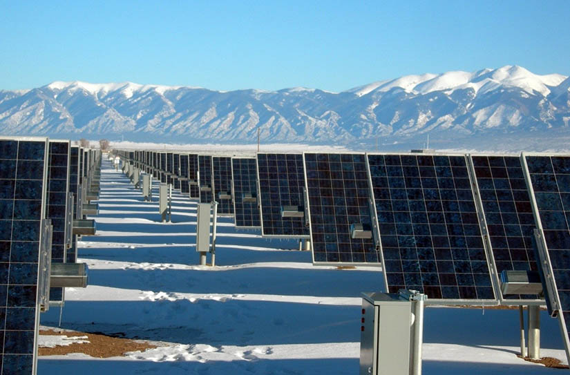 Photo shows rows of solar panels