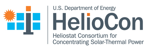 A logo of an orange sun, blue squares, and stylized letter "i" next to text that reads "U.S. Department of Energy, HelioCon, Heliostat Consortium for Concentrating Solar-Thermal Power