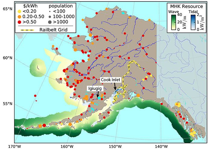 Color-coded map showing Alaska energy prices and marine energy resources.