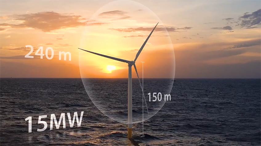 A 3D turbine model with height and rotor dimensions sits in the ocean at sunset.