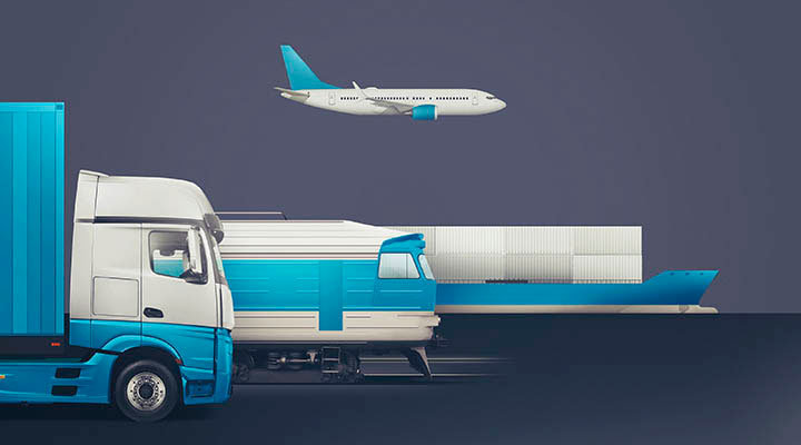Image showing a truck, train, airplane, and ship.