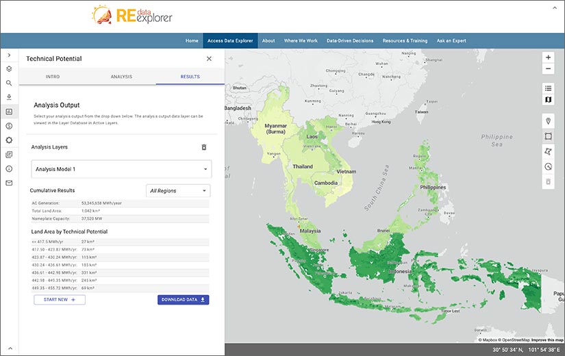 A map of Southeast Asia with overlaid technical potential data displayed on the new RE Data Explorer application.