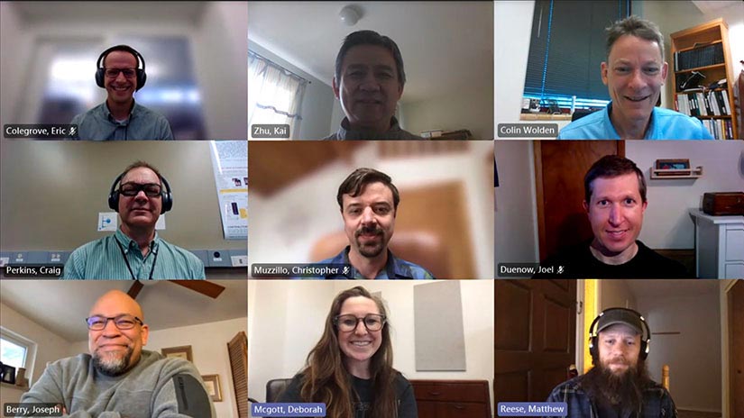 Photo of nine researchers in a 3X3 grid pattern, taken from a Microsoft Teams video call.