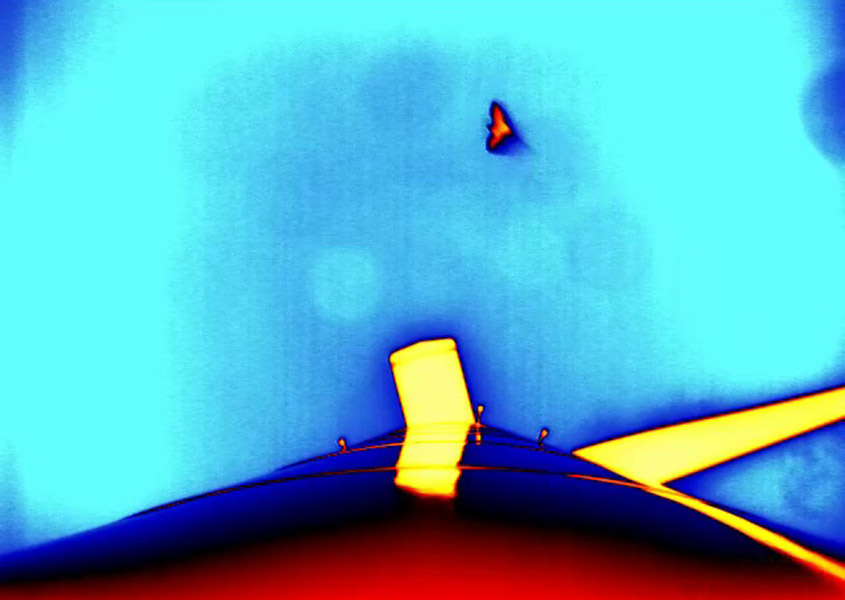 Thermal image of a bat silhouette flying past a wind turbine as viewed from the base of the tower