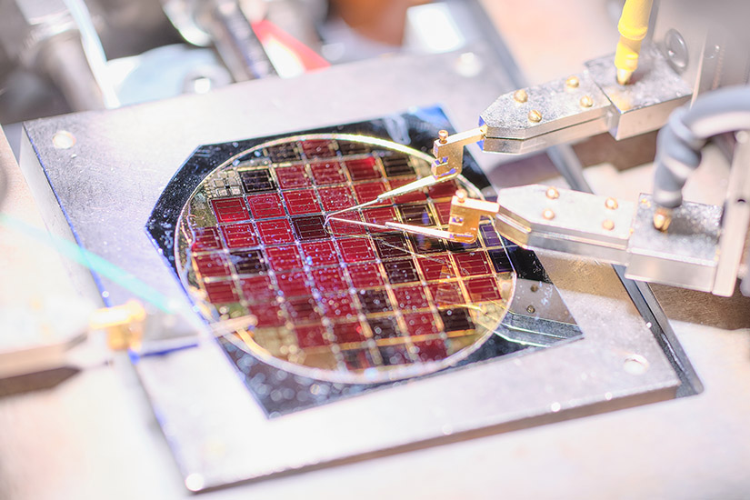A close-up of a two-junction III-V solar cell.