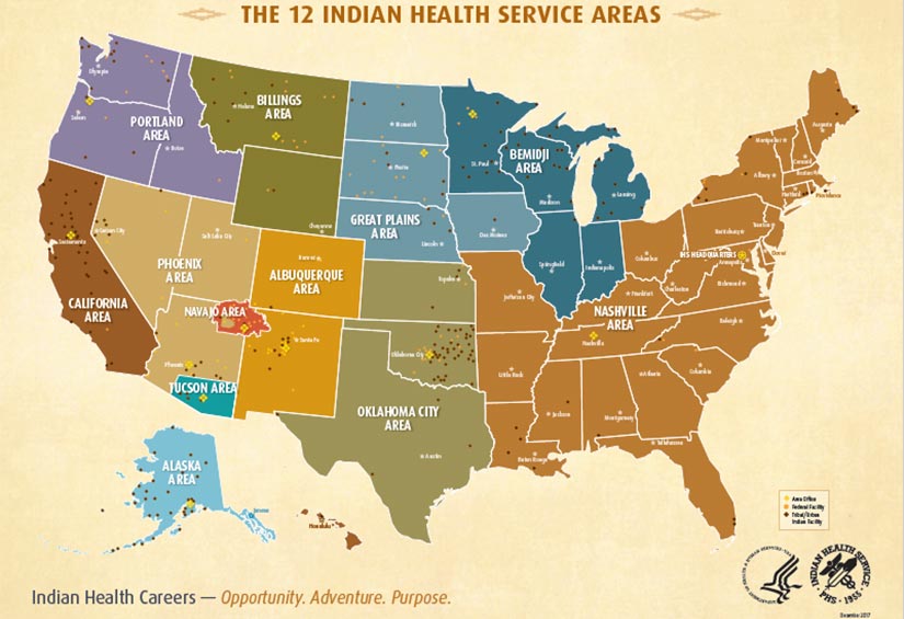 A color-coded illustration of the United States detailing the 12 Indian Health Service Areas: Nashville, Bemidji, Oklahoma City, Great Plains, Albuquerque, Billings, Tucson, Navajo, Phoenix, Portland, California, and Alaska