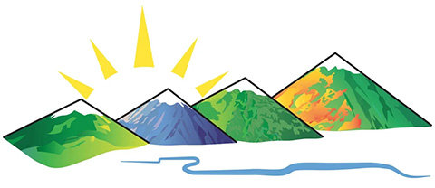 Clipart of four mountains with a stream in the foreground and sunrising in the background.