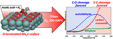 Model of Cu-modified beta zeolite with graph showing increase in hydrocarbon pFigure includes two panes. The left pane shows an oxygen covered molybdenum carbide model catalyst surface with acetic acid adsorbed in a monodentate configuration. A few of the coadsorbed oxygen atoms exist on the surface as hydroxyls. This is represented by a series of large light blue spheres with smaller red and light grey spheres interspersed within the large spheres. An arrow behind the model surface points right and lists acetic acid plus hydrogen as the reactants and states that the experiment used to study the reaction on Mo2C is temperature programmed reaction (TPRxn) at 200 to 500C. The right pane is a plot of experimental TPRxn data, collected using a mass spectrometer with the y-axis being Normalized intensity (a.u.) and the x-axis being Temperature in degrees Celsius ranging from 200 to 500, showing that C-O bond cleavage (a blue bell curve) is favored at temperatures below ca. 400C, resulting in the production of primarily acetaldehyde. The plot shows that C-C bond cleavage (a red curve that starts low and quickly rises to the right) is favored at temperatures above ca. 400C, indicated by a reduction in acetaldehyde formation and an increase in carbon monoxide formation. Ethylene (a relatively low and flat green line) is shown to be a minor product over the entire temperature range. The left two thirds of the chart is a light blue background (C-O cleavage favored) and the right third is light red background (C-C cleavage favored).