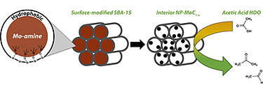 Illustration showing a brown circle on the left labeled Mo-amine with a white outer ring labeled Hydrophobic and a series of molecular structure images for trimethylsilyl groups at the bottom of the circle. This left image is a close-up inset of a series of six cylinders, brown on the inside and white on the outside, arranged around one central cylinder, and depicts a pore of a mesoporous SBA-15 silica that has been surface-modified with trimethylsilyl groups to retain a hydrophobic molybdenum-amine gel. It is labeled Surface-modified SBA-15. A black arrow leads to the right side of the graphic illustrated by a series of six white cylinders arranged around one central white cylinder, each with varying numbers of black dots inside, and labeled Interior NP-MoC1-x. A yellow-fading-to-green arrow goes from a molecular image of acetic acid in the upper right to molecular structures of acetone and acetaldehyde in the lower right and is labeled Acetic Acid HDO. This right side depicts that after heat treatment nanoparticles of MoC1-x are generated within the pores of the SBA-15 and the resulting catalyst performs acetic acid HDO, converting acetic acid into acetone and acetaldehyde.