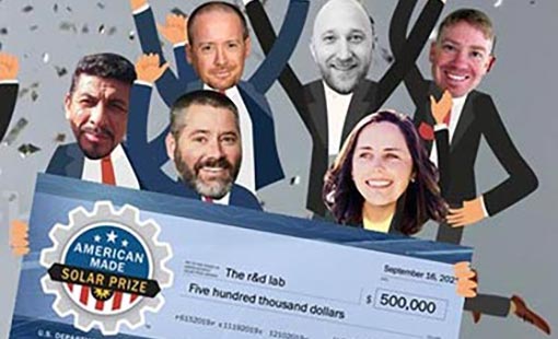 Headshots of the American-Made Solar Prize winners on cartoon bodies holding a check.