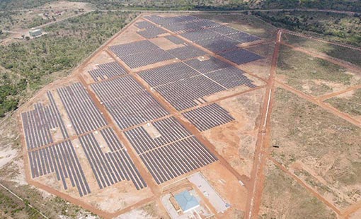 A high angle view of BPA's 50-MW solar PV plant, with 200 additional MW under development.