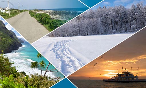 A collage of pictures of an ocean, snow, woods, sand, and a tropical beach.