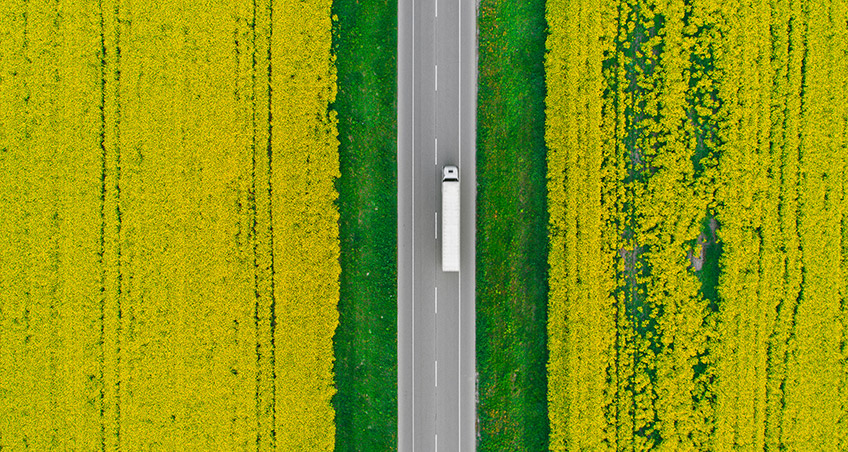 Aerial view of a truck on a highway through a field of rapeseed.
