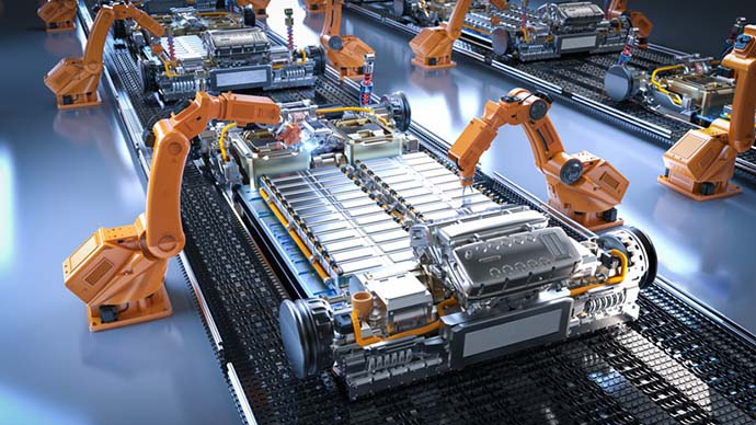 An illustration of a manufacturing line for electric vehicle batteries.