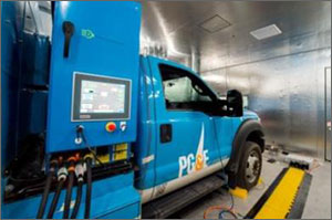 Photo of truck parked in a laboratory environment, with cables extending below a monitor installed on the side of the vehicle.