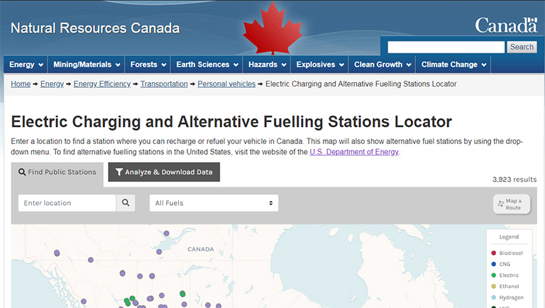 Screen shot of Canada's Electric Charging and Alternative Fueling Stations Locator